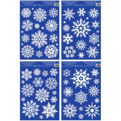 Ablakmatrica- ragasztó nélküli , sztatikus, 27 x 20 cm, hópelyhek hó effektussal. Az eldobható hordozópapír kék színű.