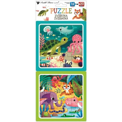 Puzzle , 2 kép, 15x15 cm, 16 és 20 részes, állatkák