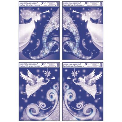 Ablakmatrica - sztatikus, ragasztó nélküli ,38 x 30 cm , csillámos  angyalok trombitával. A kék hordozópapír eldobható