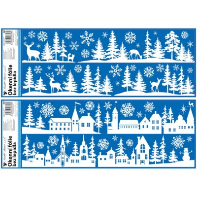Ablakmatrica - ragasztó nélküli,  sztatikus,  59,5 x 21  cm, karácsonyi motívumok. A kék hordozópapír eldobható.