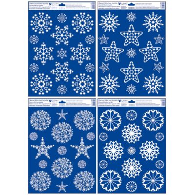 Ablakmatrica - ragasztó nélküli,  sztatikus,  30 x 42   cm, hópelyhek és csillagok. A kék színű hordozópapír eldobható.