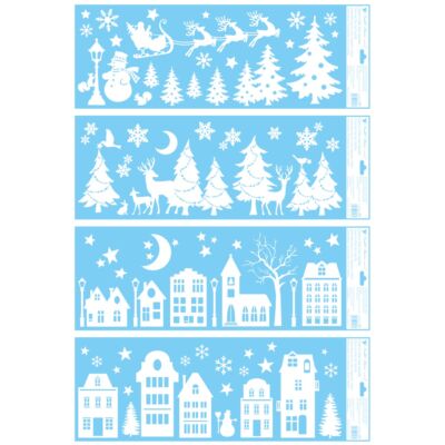Ablakmatrica - ragasztó nélküli,  sztatikus,  60 x 22,5   cm, csillámos karácsonyi motívumok. A kék színű hordozópapír eldobható.