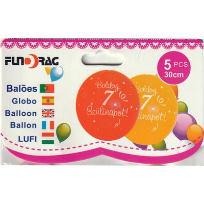 7 éves - Boldog születésnapot lufi,  30 cm - 5 db/csom