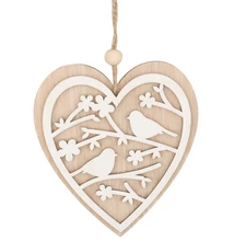 Felakasztható fa szív madarakkal 12 cm
