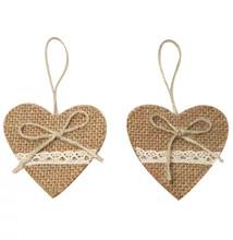 Felakasztható juta szívek , 2 db,  csipkével 7 cm