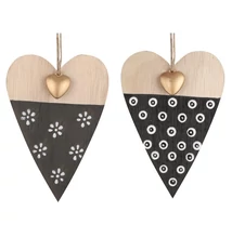 Felakasztható fa szív, kicsi arany szívvel,  9,5 x 13,5 cm