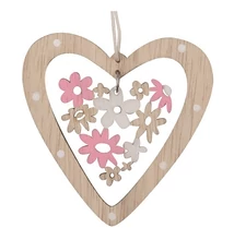 Felakasztható fa szív virágokkal,  7,5 cm
