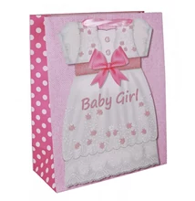 Papírtasak "Baby Girl" glitteres rózsaszín ruha M 18*23cm