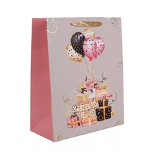 QX-370535 Papírtasak Bézs Arany-Rózsaszín lufik, ajándékdobozok L 26*32cm
