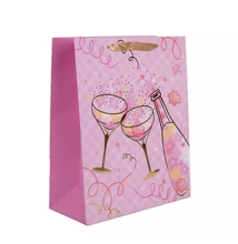 QX-370739 Papírtasak Rózsaszín, Fényes arany kontúros pezsgős M 18*23cm