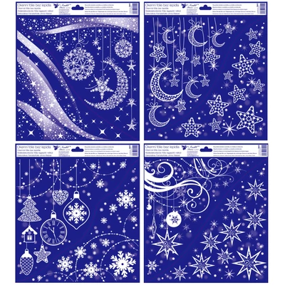 Ablakmatrica- ragasztó nélküli, sztatikus, 33,5 x 30 cm, csillámos karácsonyi motívumok. A  kék színű  hordozópapír eldobható.