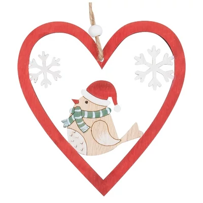 Függő fa dekoráció Piros szív madárral 12cm