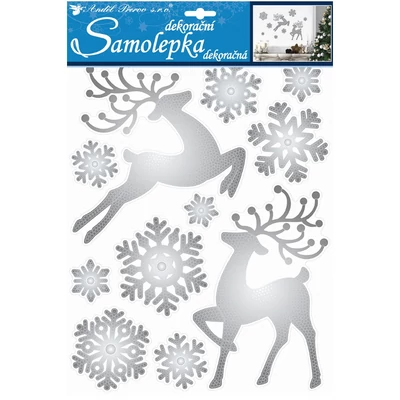 Matrica Ezüst szarvasok és hópelyhek 35*27,5cm