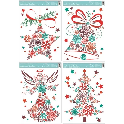 Ablakmatrica- ragasztó nélküli, sztatikus, 33,5 x 25,5 cm, csillámos színes karácsonyi motívumok