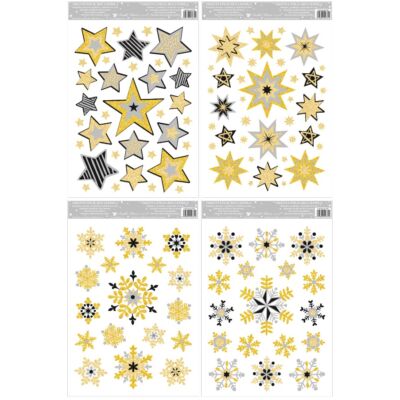 Ablakmatrica- ragasztó nélküli, sztatikus, 20 x 30 cm, csillámos, csillagok és hópelyhek