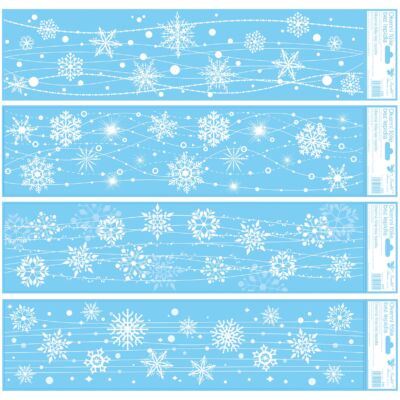 Ablakmatrica- ragasztó nélküli, sztatikus, 64 x 15 cm, csillámos hópelyhek. A kék színű hordozópapír eldobható.