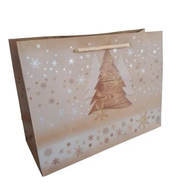 AR0844-0036 Ajándéktasak Natúr Karácsonyi Fenyőfák M 24*18cm