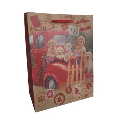 AR0844-0052 Ajándéktasak Natúr Karácsonyi Kutyusok a furgonon M 18*24cm