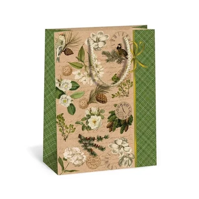 AR0844-0053 Ajándéktasak Natúr Karácsonyi Virágos ágak M 18*24cm