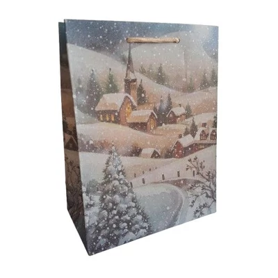 AR0844-0056 Ajándéktasak Natúr Karácsonyi Téli falu M 18*24cm