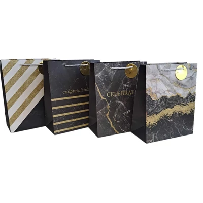 BD-NGKL3498 Ajándéktasak Fekete-Arany glitteres 42*30*12cm 4féle minta