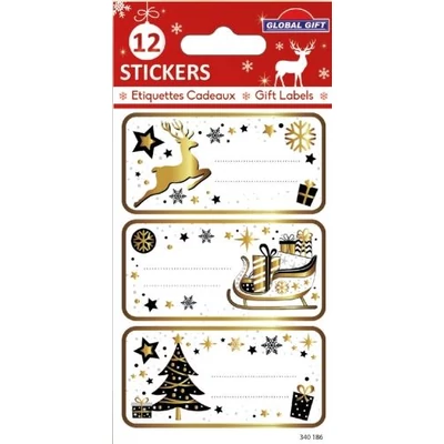 GG-340186 Christmas EtiqN. Ajándékkísérő Matrica - Fekete-Arany motívumok 8*12cm