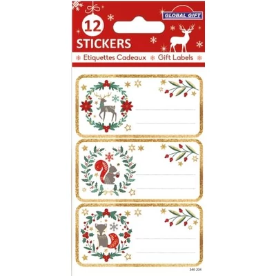 GG-340204 Christmas EtiqN. Ajándékkísérő Matrica - Arany glitteres motívumok 8*12cm