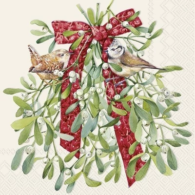 IHR-C1088660 Koktélszalvéta 25*25cm Birds in mistletoe Cream