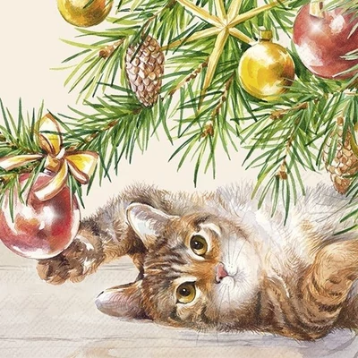 IHR-L1094960 Szalvéta 33*33cm Christmas cat Cream