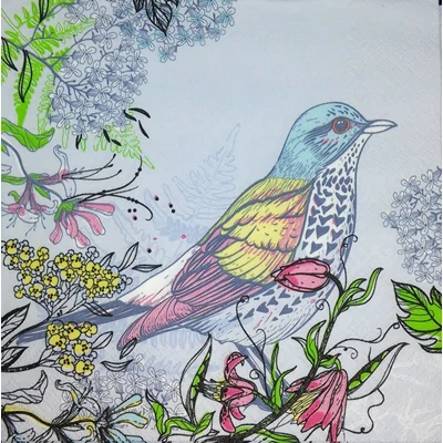 PM-032401 Papírszalvéta mintás Maki 33*33cm Madár virágokkal, kék