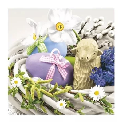 PM-SDWL-010201 Papírszalvéta mintás Daisy 33*33cm Húsvéti kosár báránnyal és tojással
