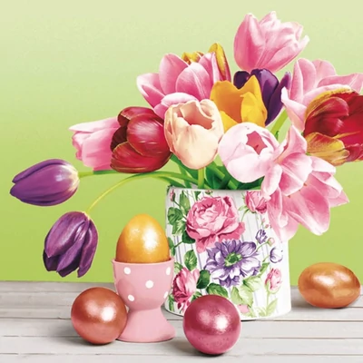 PM-SDWL_009901 Papírszalvéta mintás Daisy 33*33cm Húsvéti tulipán csokor tojásokkal