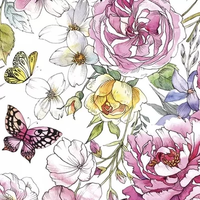 PM-SLOG_055901 Papírszalvéta mintás Maki 33*33cm Pillangók és rózsak