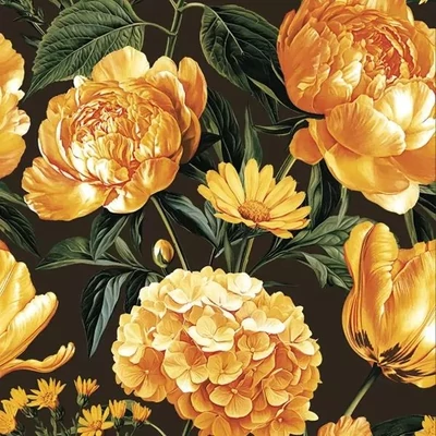 PM-SLOG_062402 Papírszalvéta mintás 33*33cm Maki Sárga virágok fekete alapon