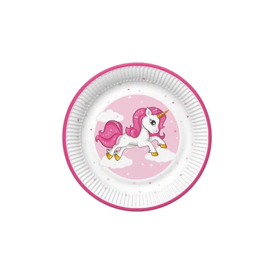 PM-TD02_030501 Papírtányér 22,7cm 8db Rózsaszín szíves unikornis