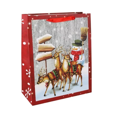 QX-349500 Karácsonyi papírtasak Hóember Rénszarvasokkal M 18*23cm