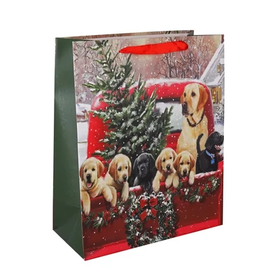 QX-349508 Karácsonyi papírtasak Kutyusok a furgonon L 26*32cm