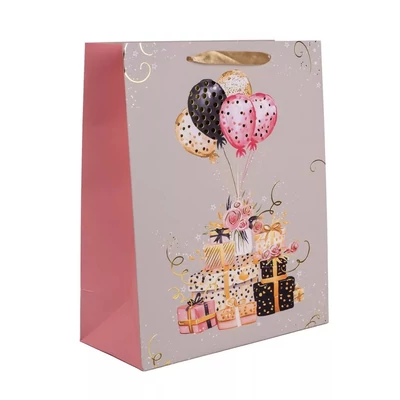 QX-370535 Papírtasak Bézs Arany-Rózsaszín lufik, ajándékdobozok L 26*32cm