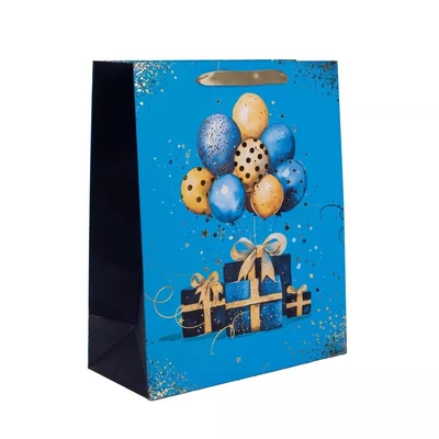 QX-370657 Papírtasak Kék Arany lufik, ajándékdobozok L 26*32cm
