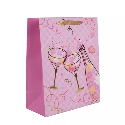 QX-370739 Papírtasak Rózsaszín, Fényes arany kontúros pezsgős M 18*23cm