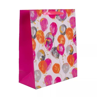 QX-370746 Papírtasak Szürke rózsaszín lufik M 18*23cm