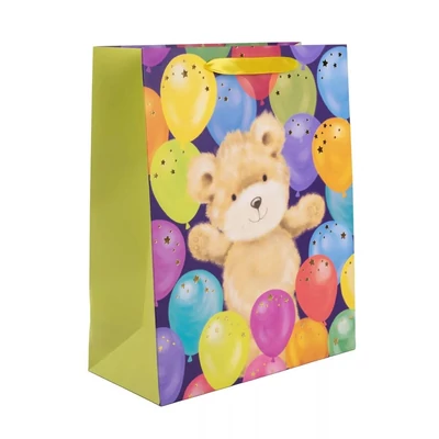 QX-370778 Papírtasak Maci színes lufikkal L 26*32cm