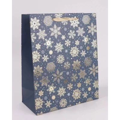 QX-370854 Karácsonyi papírtasak Arany hópihék kék alapon S 11*14cm
