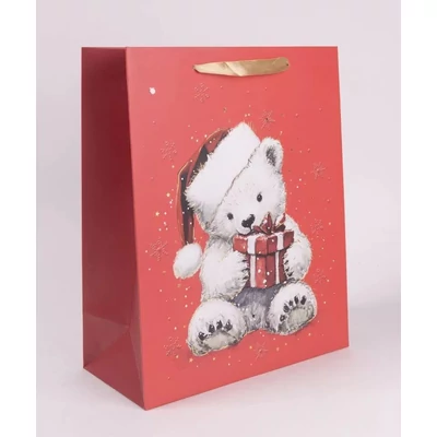 QX-370913 Karácsonyi papírtasak Maci ajándékkal M 18*23cm