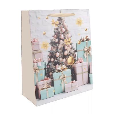 QX-370927 Karácsonyi papírtasak Fenyőfa türkiz, rózsaszín ajándékokkal M 18*23cm