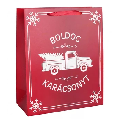 QX-371056 Karácsonyi papírtasak Fehér furgon fenyővel L 26*32cm