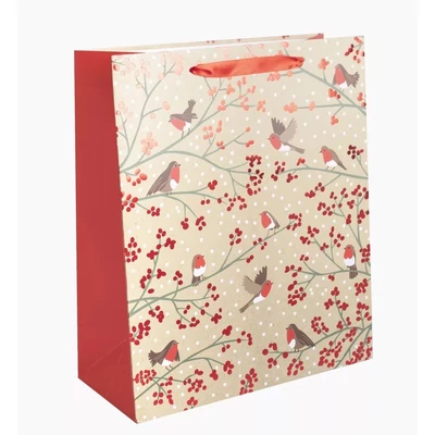 QX-371662 Karácsonyi papírtasak Madarak bogyós ágon L 26*32cm