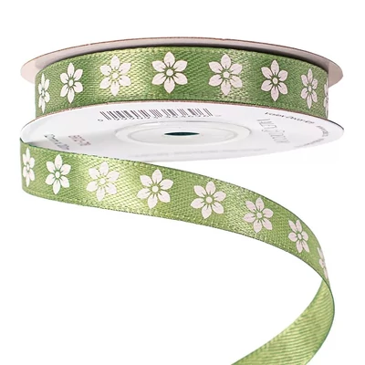 VD-BR12-78 Virágmintás szatén szalag 12mm*20m - Mohazöld