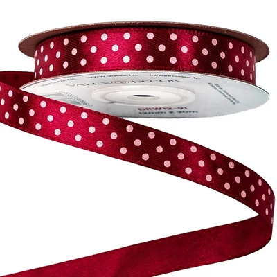 VD-DRW12-91 Fehér-pöttyös szatén szalag 12mm*20m - Bordó
